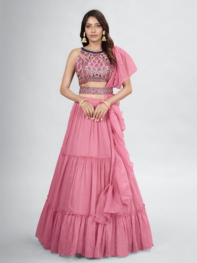 Odette Pink Chiffon Embellished Stitched Lehenga With Stitched Blouse For Women