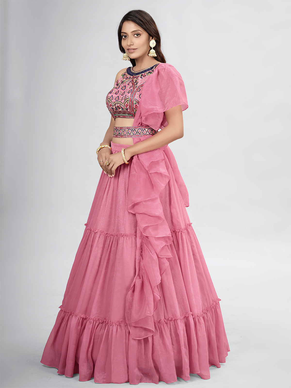 Odette Pink Chiffon Embellished Stitched Lehenga With Stitched Blouse For Women