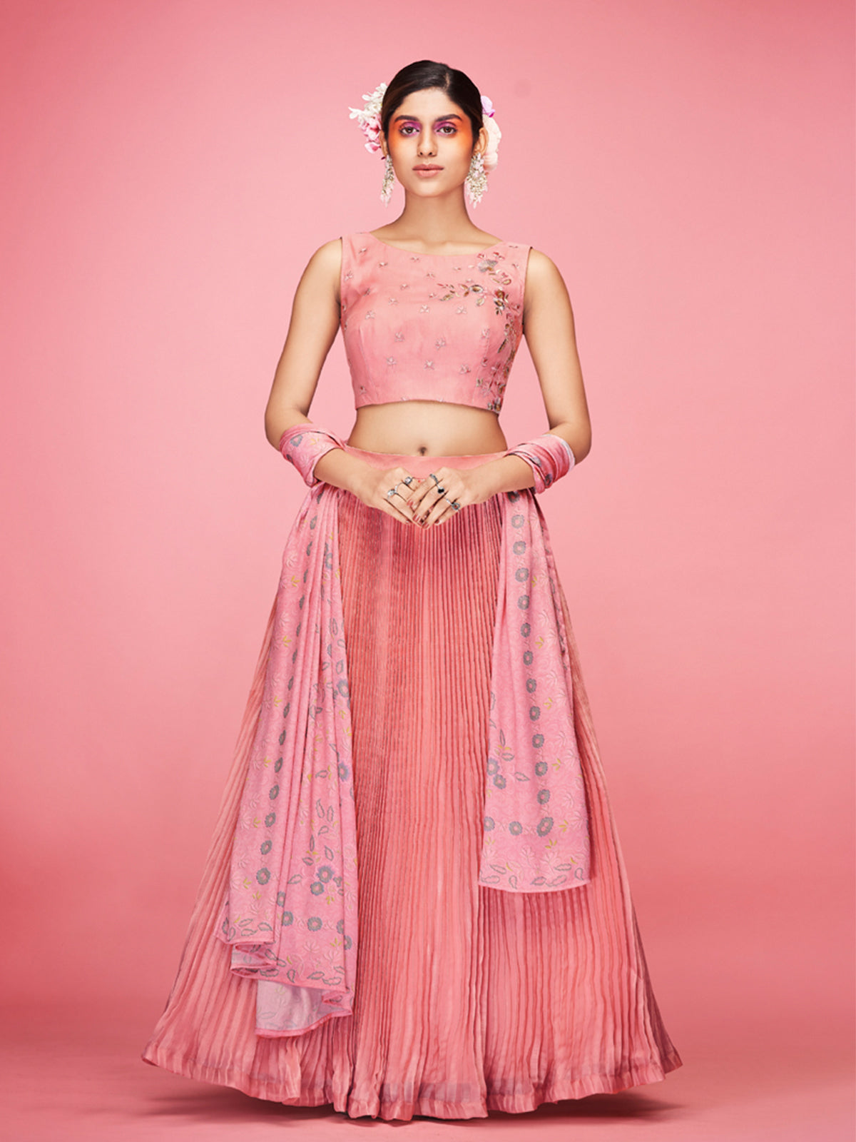 Odette Peach Art Silk Embellished Stitched Lehenga With Stitched Blouse For Women