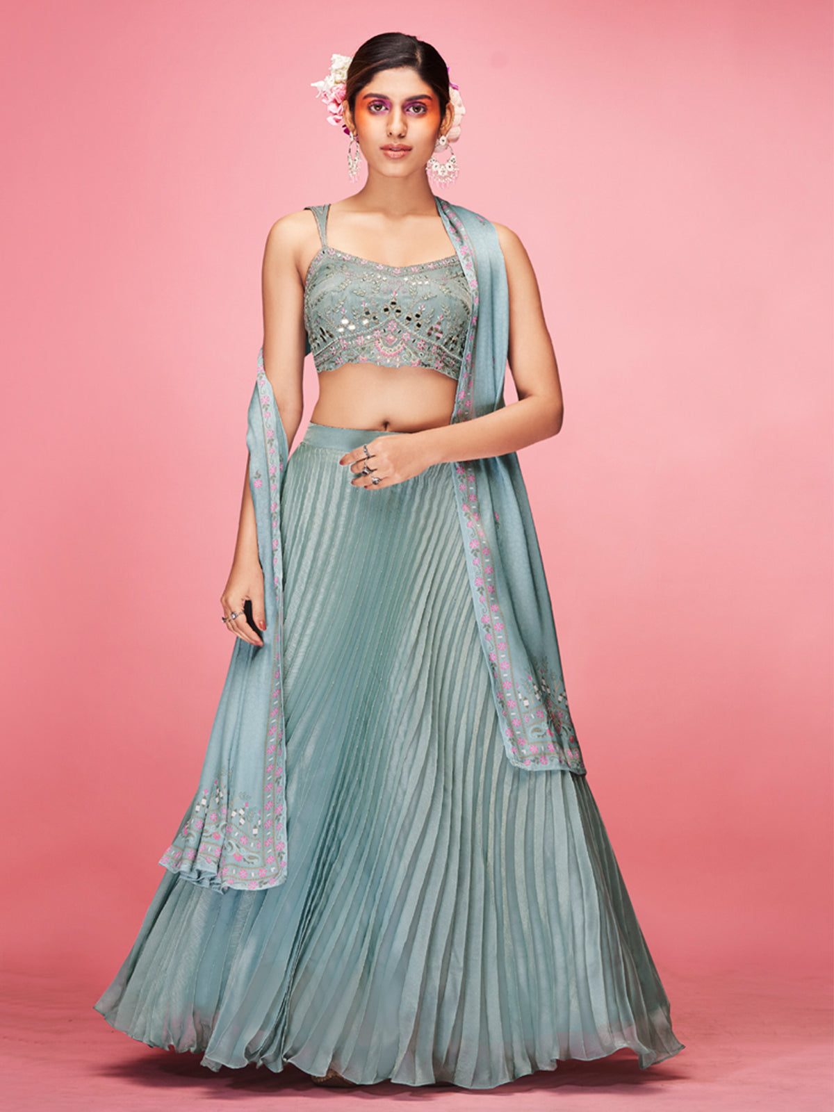 Odette Sky Blue Art Silk Embellished Semi Stitched Lehenga With Unstitched Blouse For Women