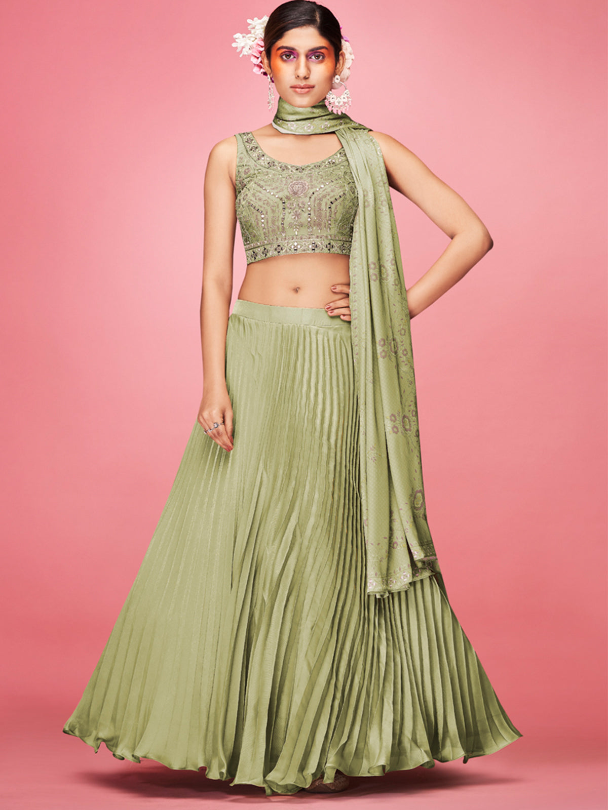 Odette Olive Art Silk Embellished Stitched Lehenga With Stitched Blouse For Women