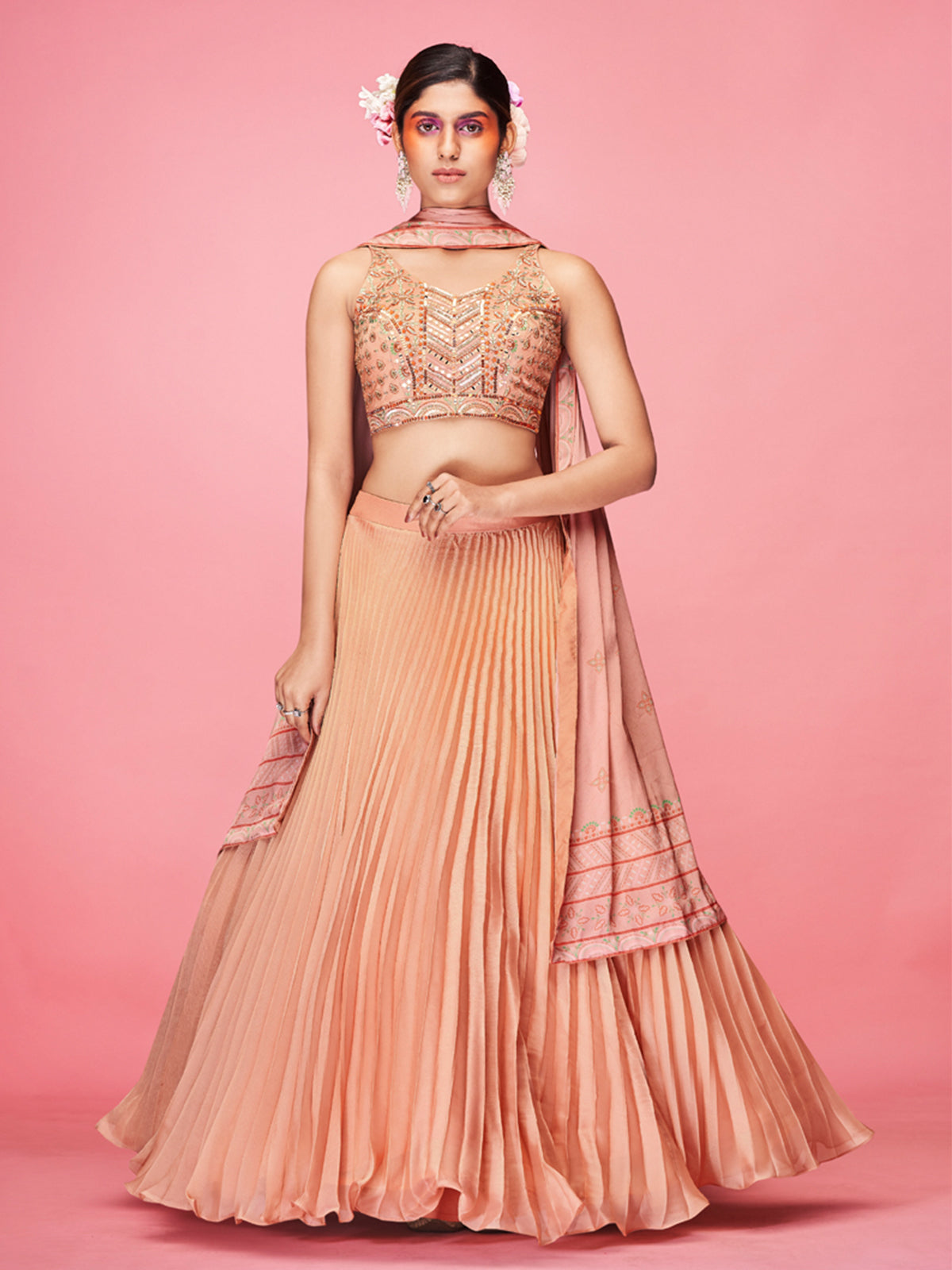 Odette Orange Art Silk Embellished Stitched Lehenga With Stitched Blouse For Women