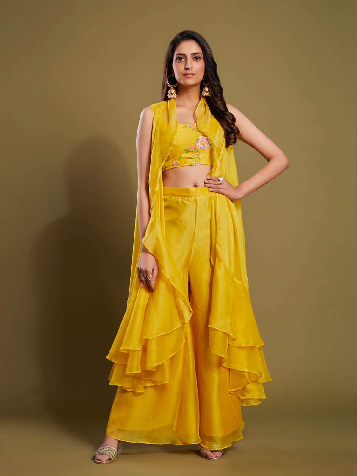 Odette Women Yellow Poly Georgette Fit And Flare Embroidered Stitched