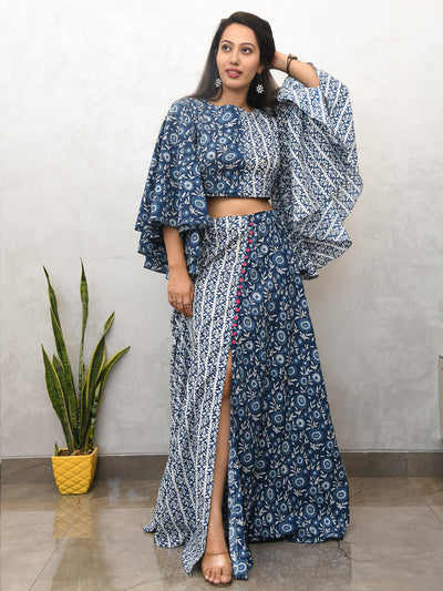 Odette Blue Cotton Printed Stitched Co Ord Set For Women