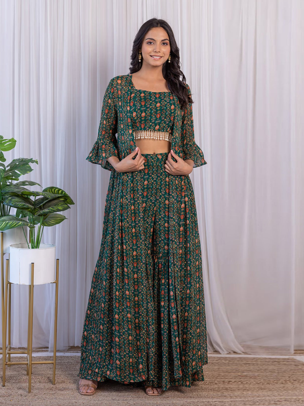Odette Green Georgette Co-Ord Set With Shrug For Women