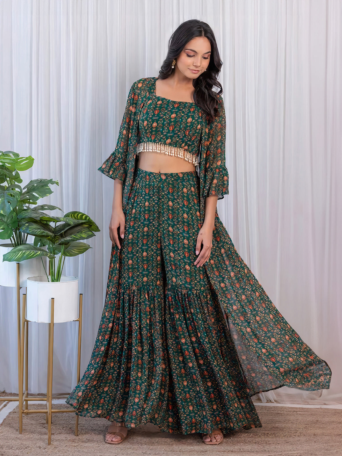 Odette Green Georgette Co-Ord Set With Shrug For Women