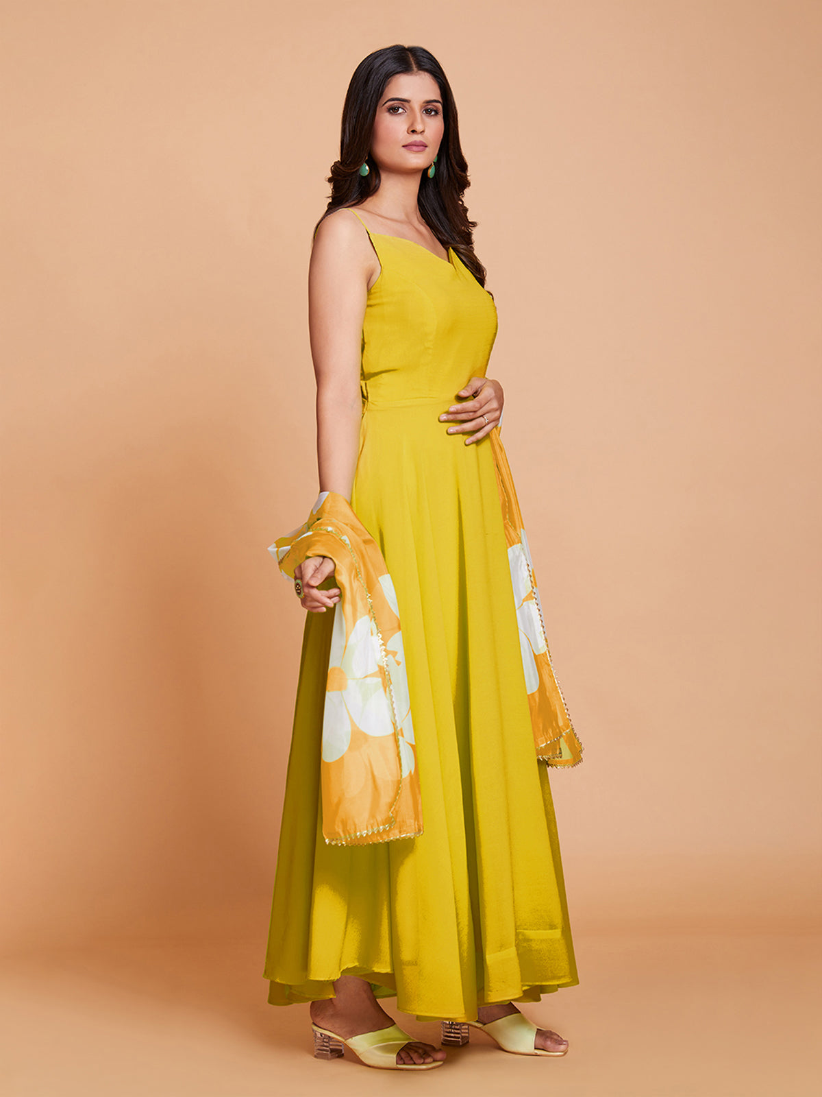 Yellow Faux Georgette Solid Stitched Gown