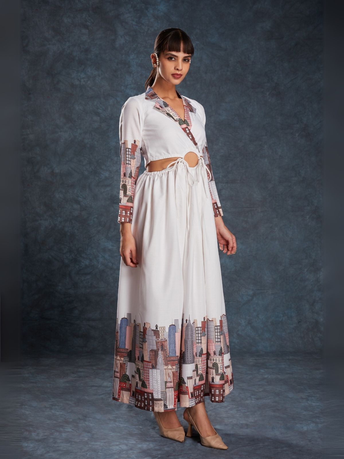 Odette White Linen Printed Stitched Dress For Women
