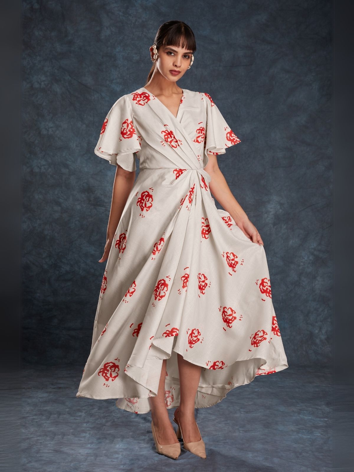 Odette Cream Linen Printed Stitched Dress For Women