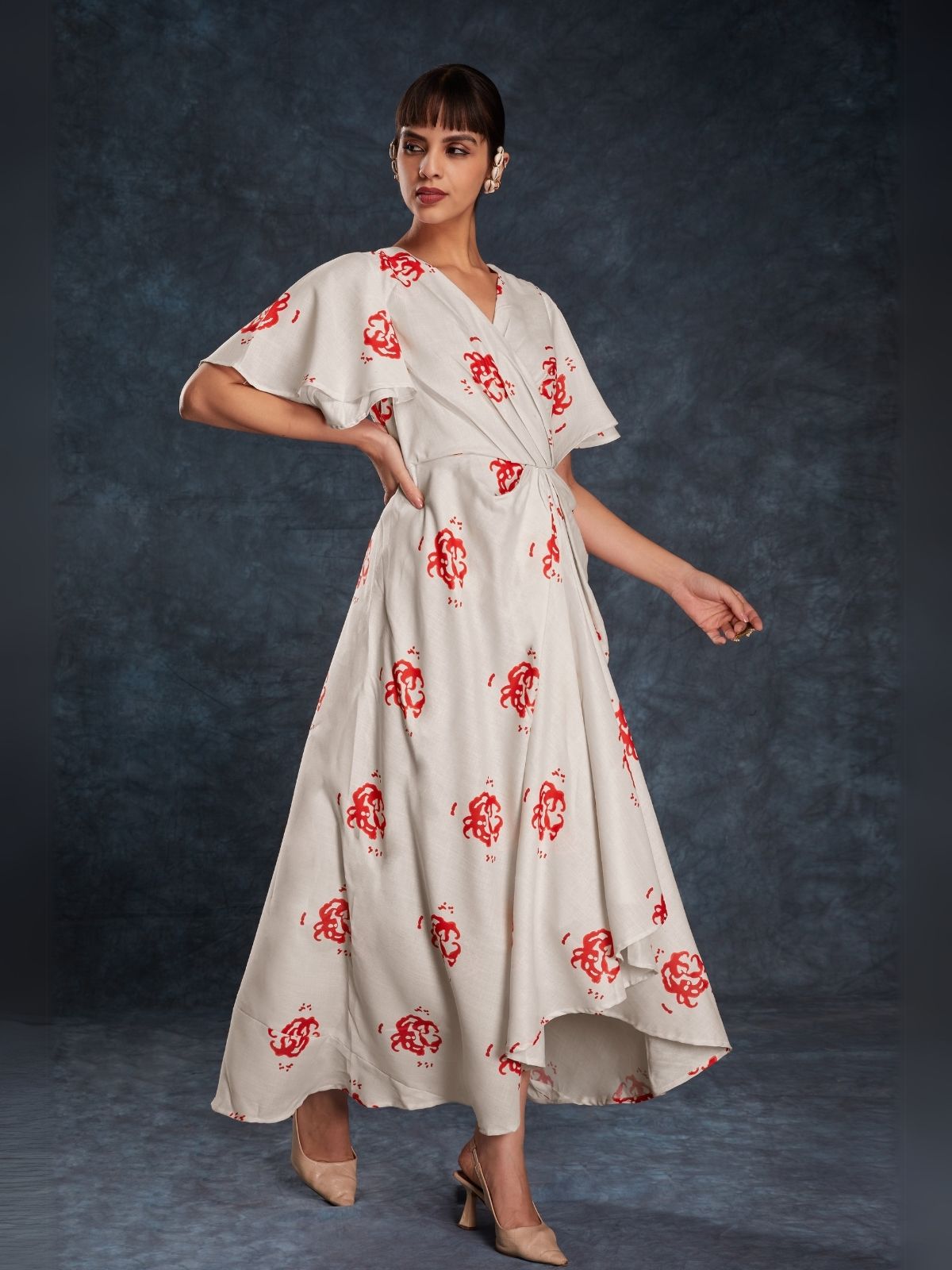 Odette Cream Linen Printed Stitched Dress For Women