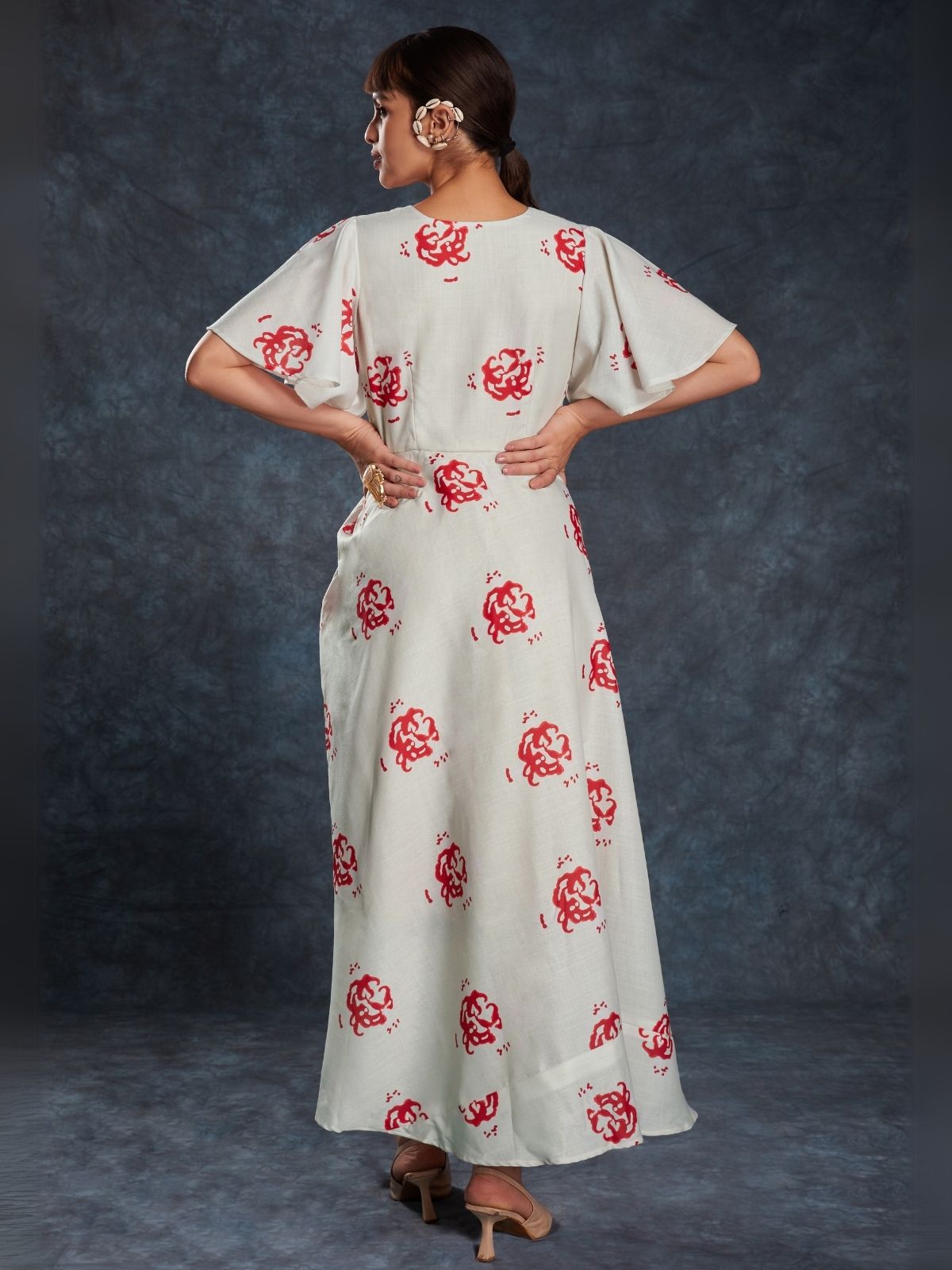 knee length dresses for ladies Odette Cream Linen Printed Stitched Dress For Women