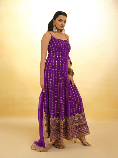 Odette Purple Georgette Embroidery Stitched Salwar Suit Set For Women