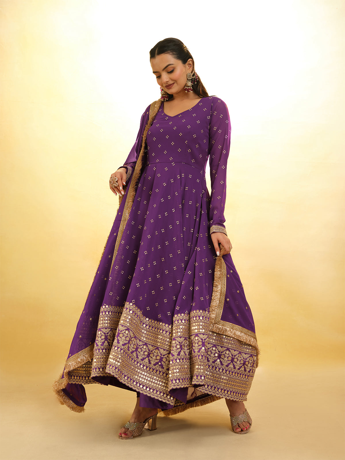 Odette Purple Georgette Embroidery Stitched Salwar Suit Set For Women