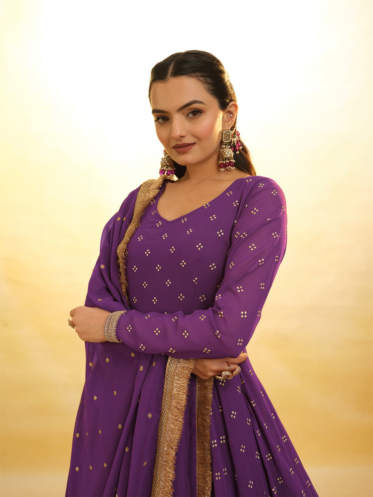 Odette Purple Georgette Embroidery Stitched Salwar Suit Set For Women