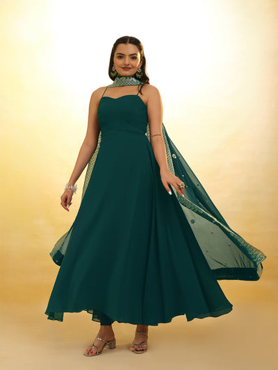 Odette Green Georgette Embroidery Stitched Anarkali With Dupatta For Women