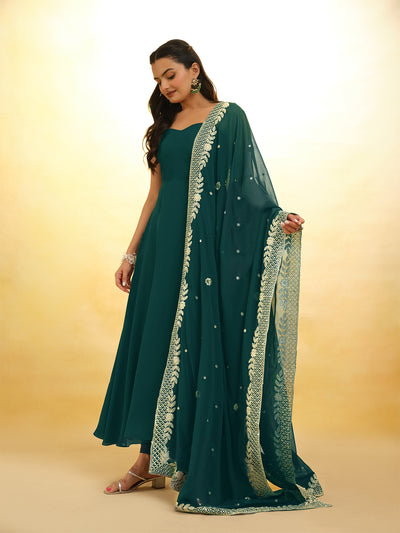 Odette Green Georgette Embroidery Stitched Anarkali With Dupatta For Women