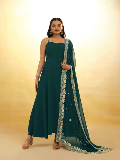 Odette Green Georgette Embroidery Stitched Anarkali With Dupatta For Women