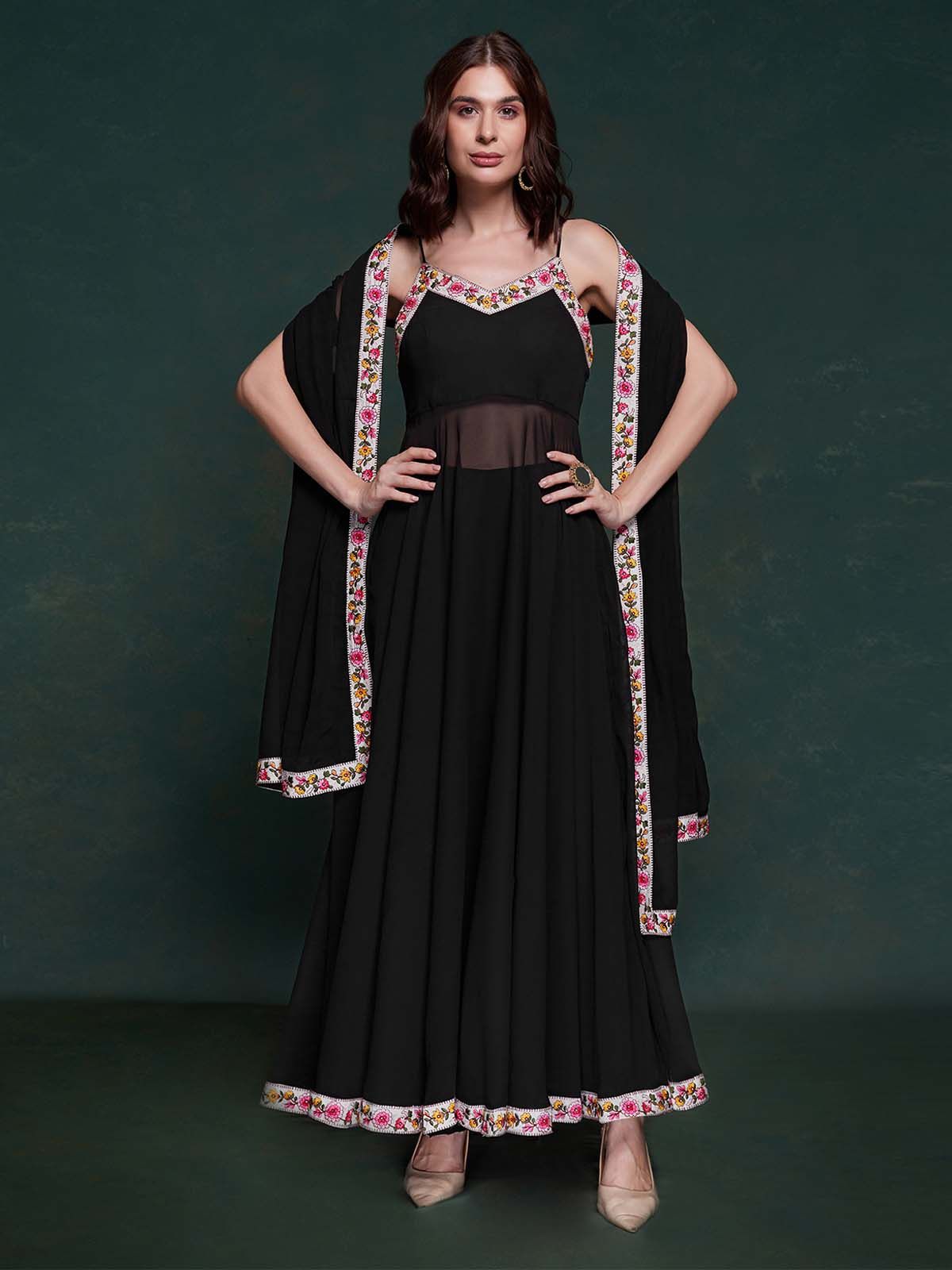 Odette Black Printed Georgette Stitched Kurta Set For Women