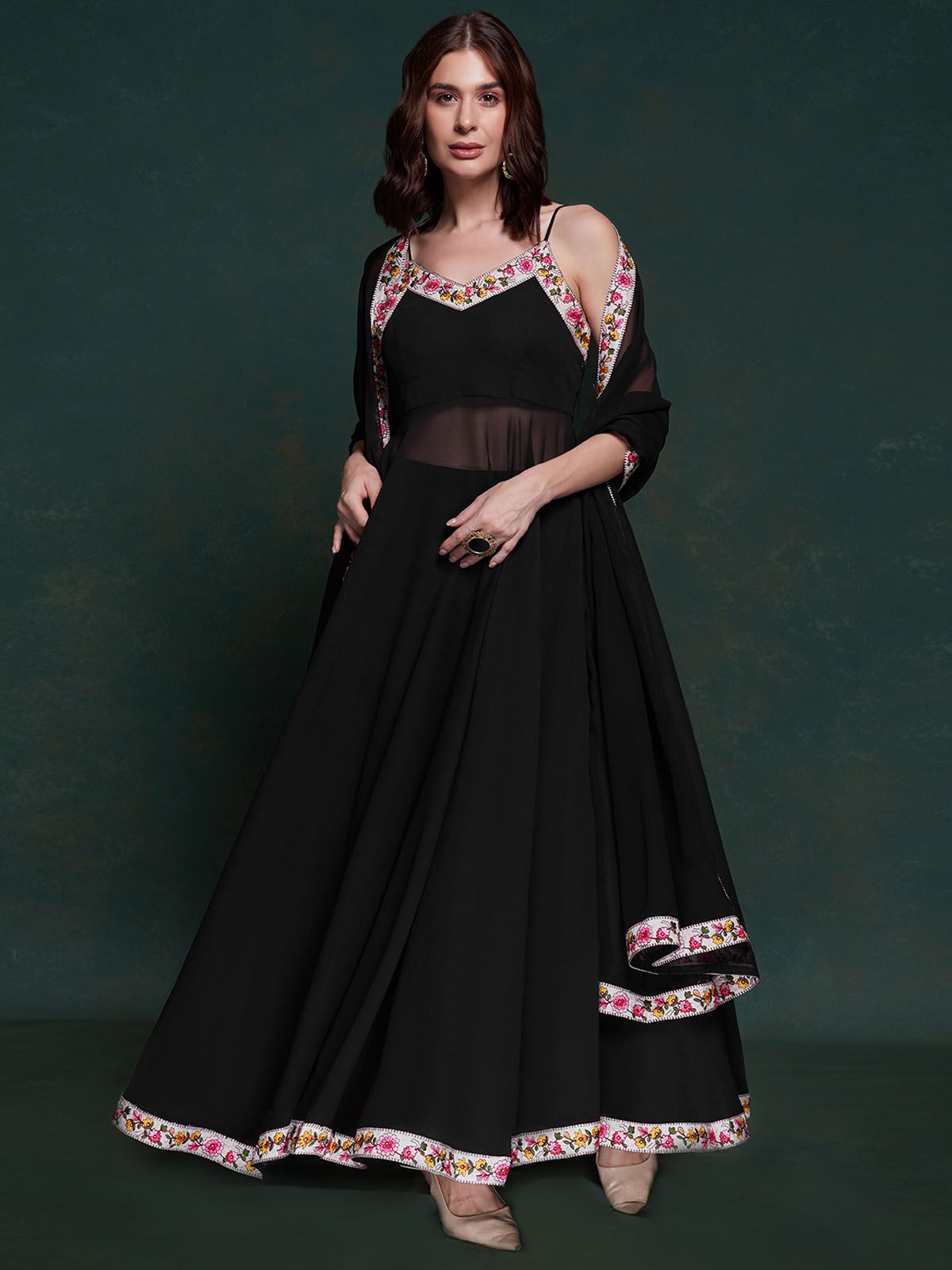 Odette Black Printed Georgette Stitched Kurta Set For Women