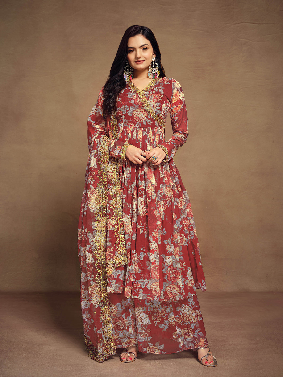 Odette Maroon Chiffon Printed Stitched Salwar Suit For Women