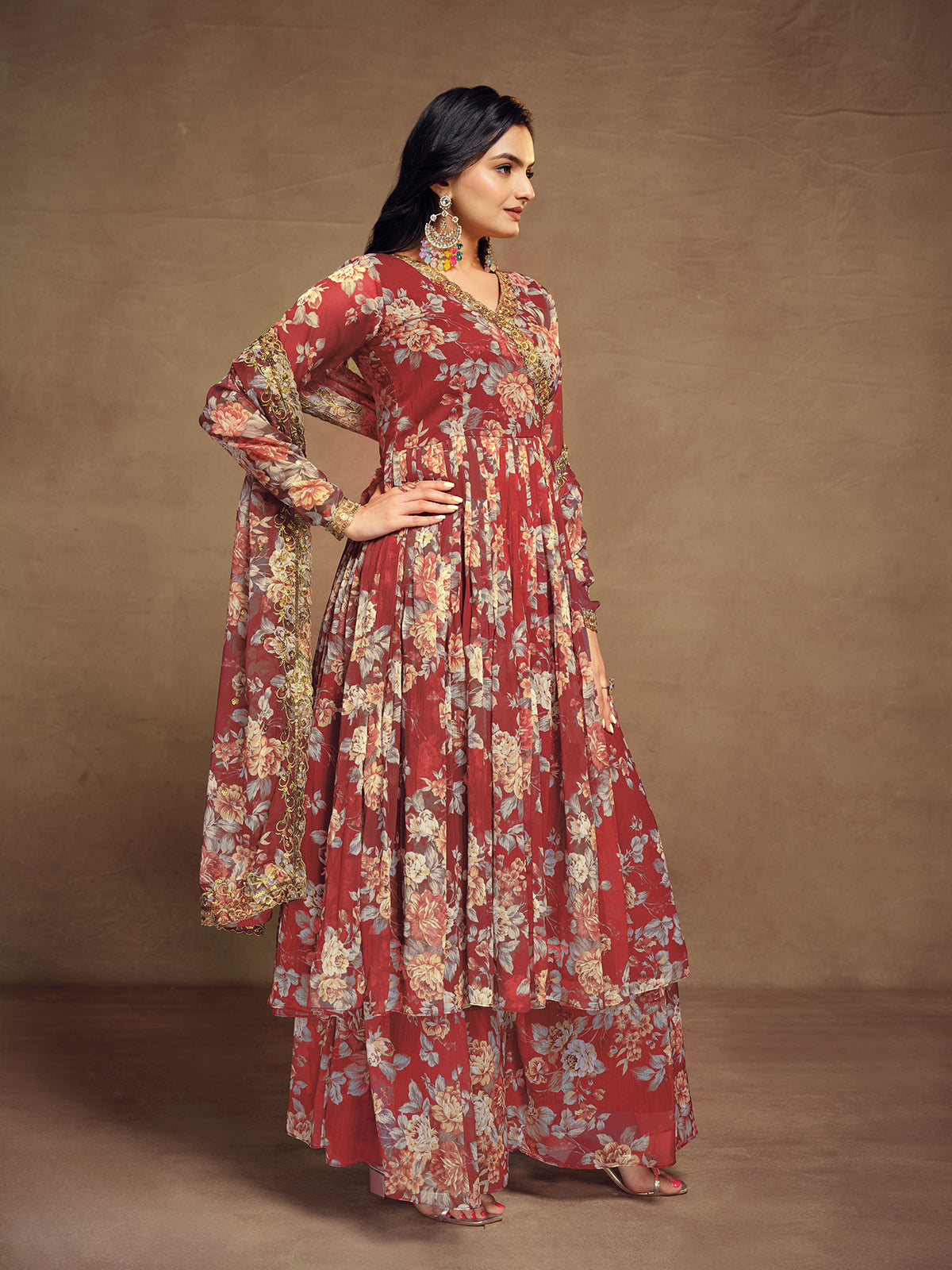 Odette Maroon Chiffon Printed Stitched Salwar Suit For Women