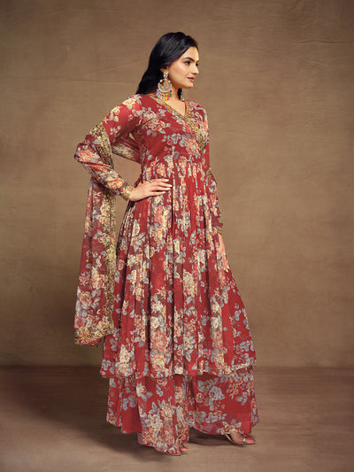 Odette Maroon Chiffon Printed Stitched Salwar Suit For Women