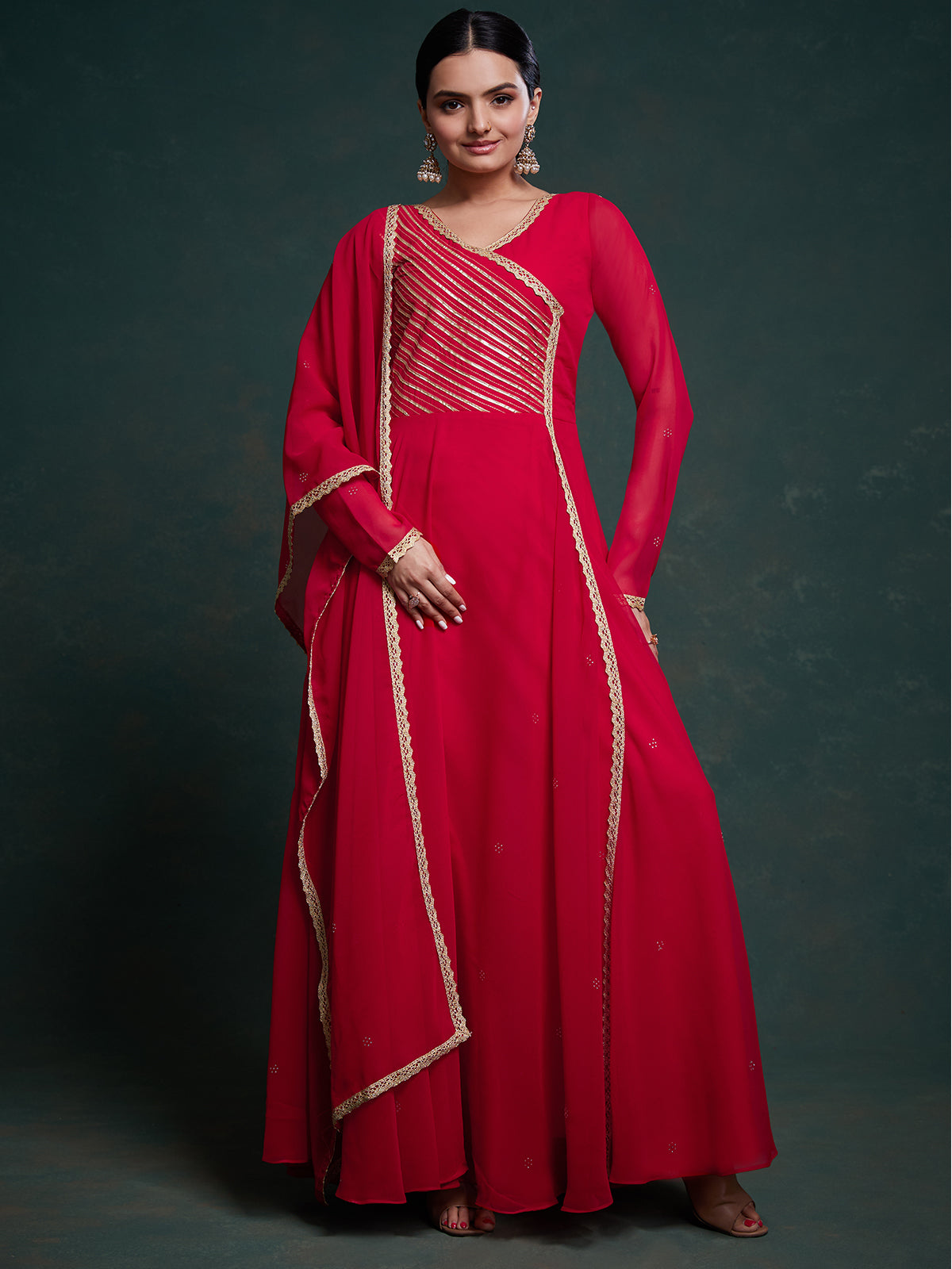 Odette Red Georgette Solid Gown For Women