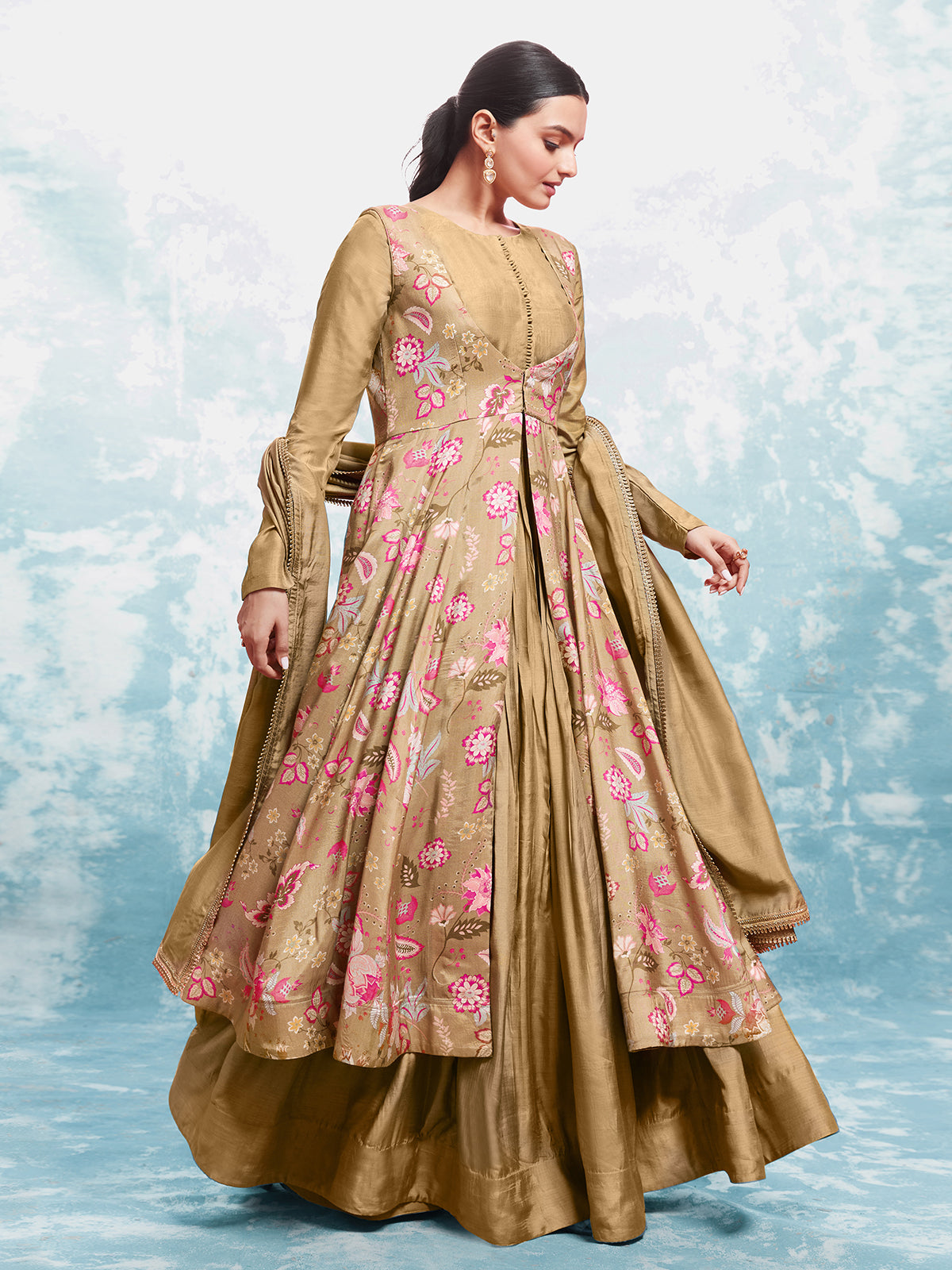 Odette Gold Muslin Printed Gown For Women