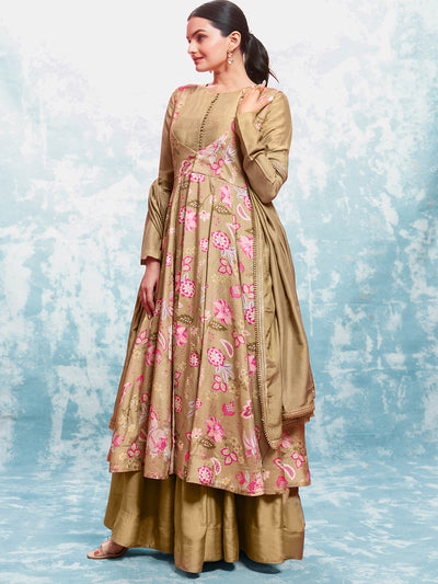 Odette Gold Muslin Printed Gown For Women