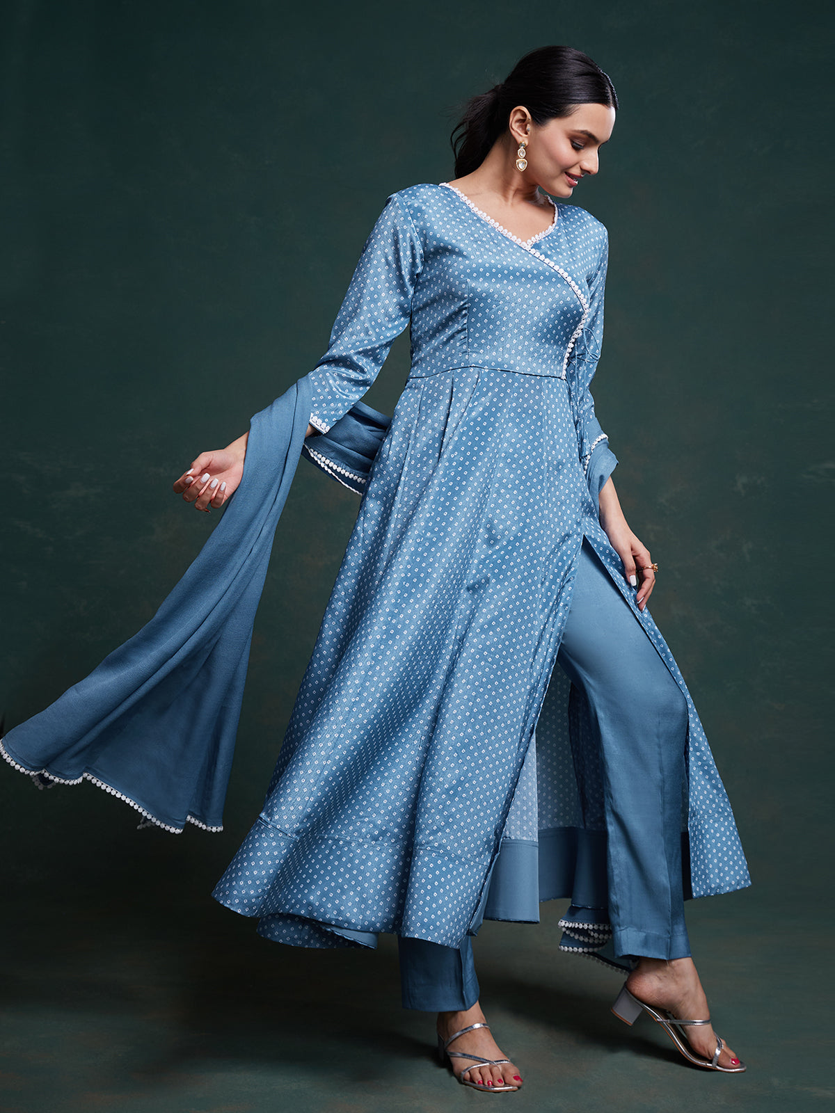 Odette Blue Chinon Silk Printed Stitched Salwar Suit Set For Women