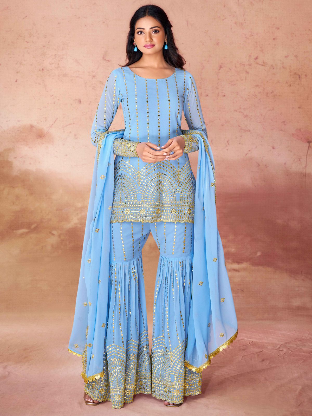 Odette Blue Georgette Embroidered Stitched Kurta Set For Women