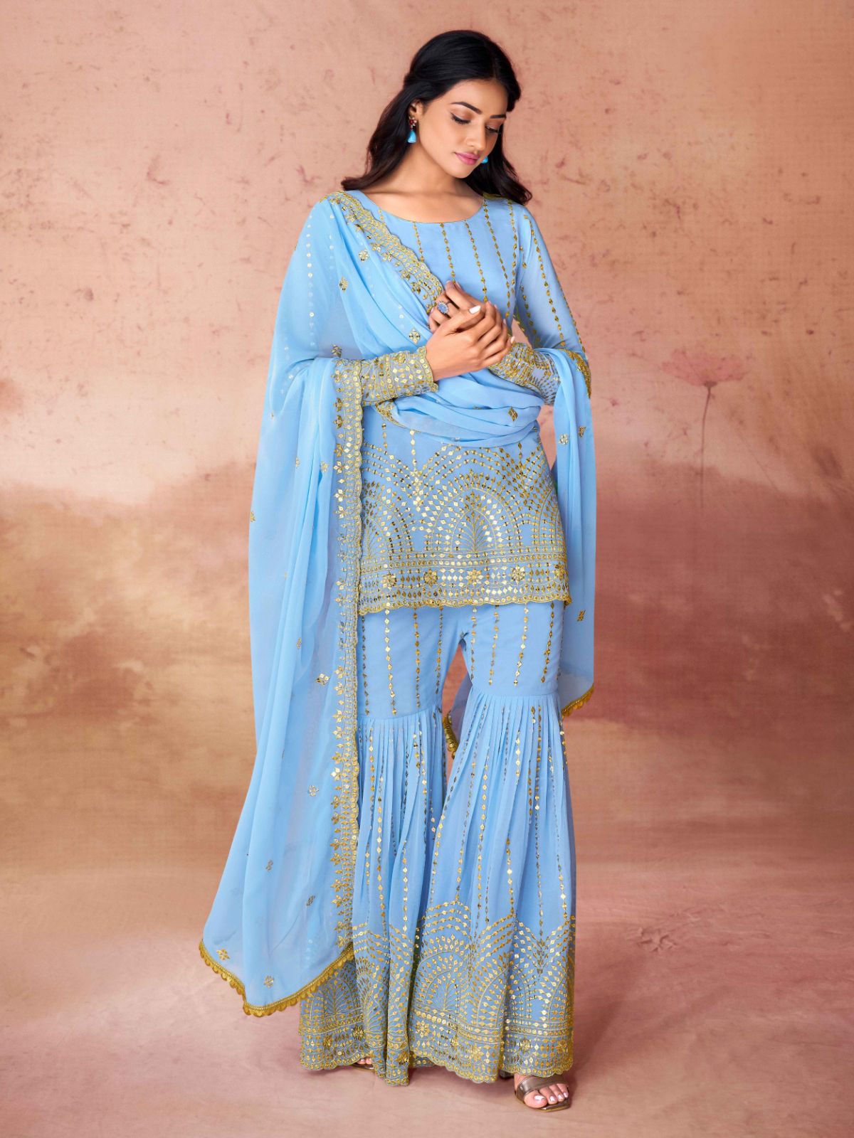 Odette Blue Georgette Embroidered Stitched Kurta Set For Women