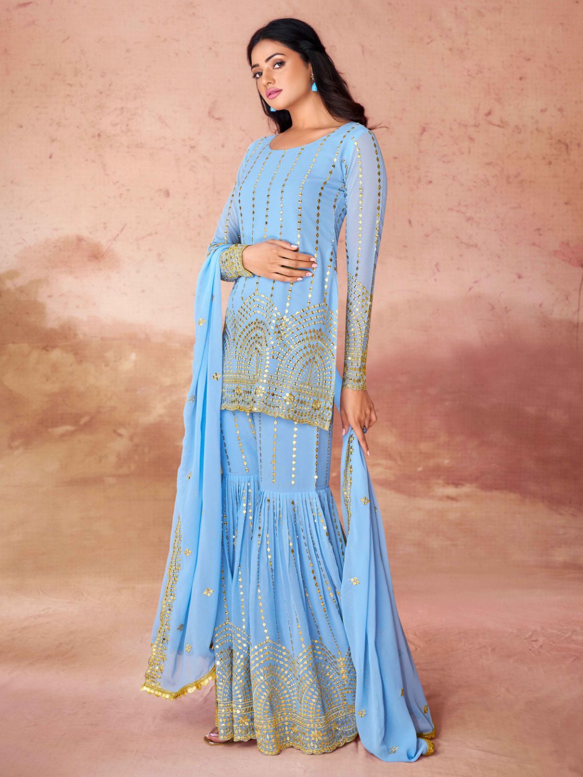 Odette Blue Georgette Embroidered Stitched Kurta Set For Women