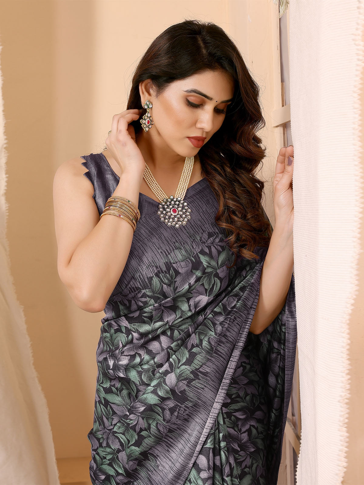 Odette Grey Cotton Printed Saree With Unstitched Blouse For Women