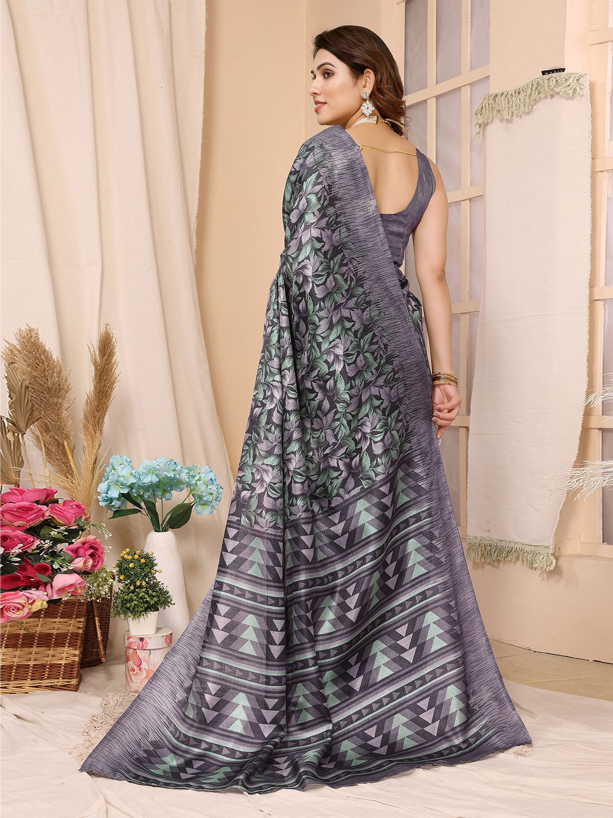 Odette Grey Cotton Printed Saree With Unstitched Blouse For Women