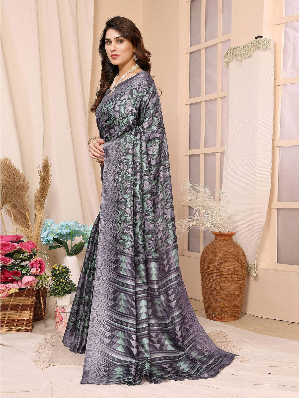 Odette Grey Cotton Printed Saree With Unstitched Blouse For Women