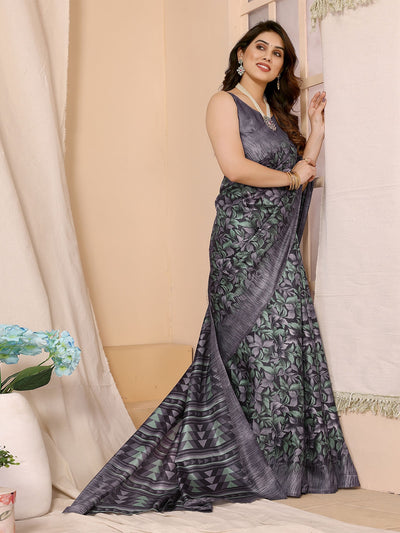 Odette Grey Cotton Printed Saree With Unstitched Blouse For Women