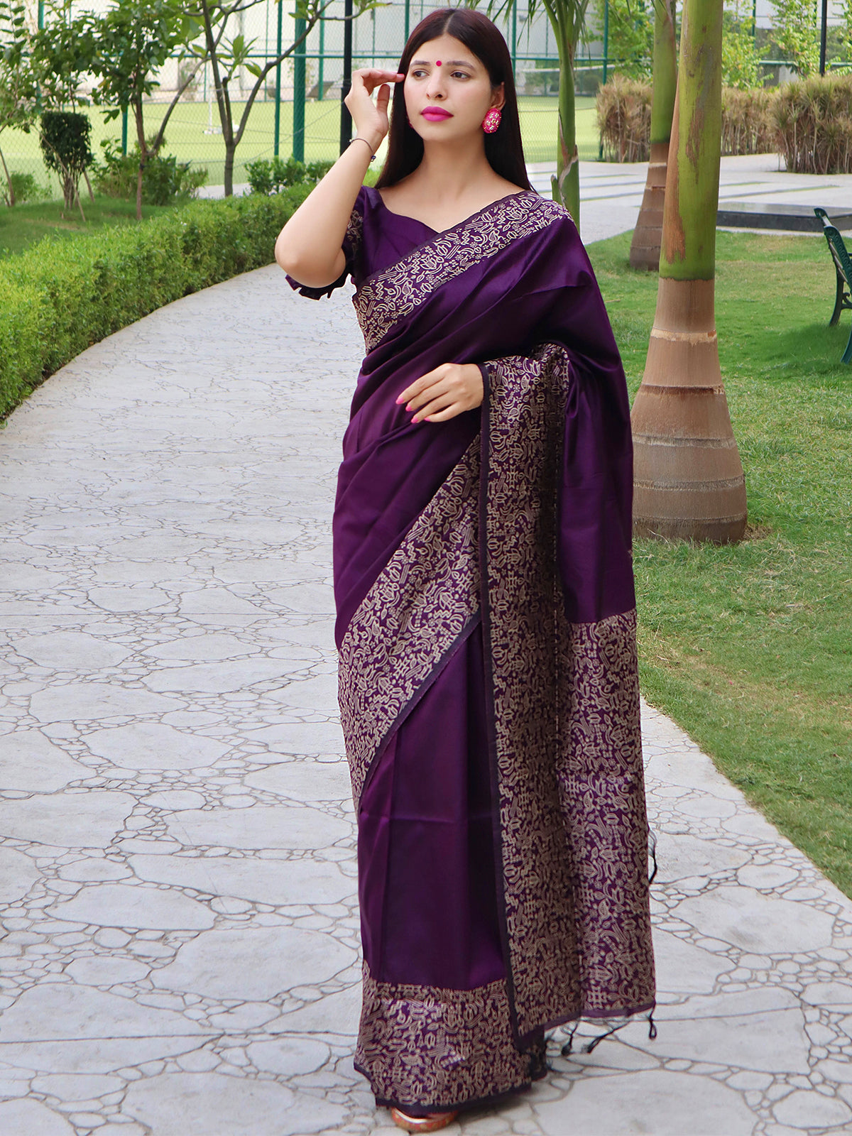 Purple Pattern Georgette Embroidered Saree With Stitched Blouse – Apparel  Designer