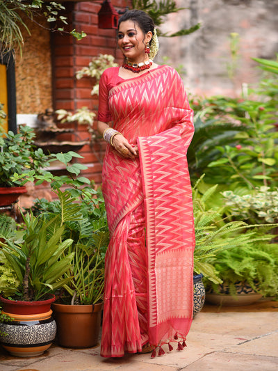 Red Silk Blend Woven Saree With Unstitched Blouse