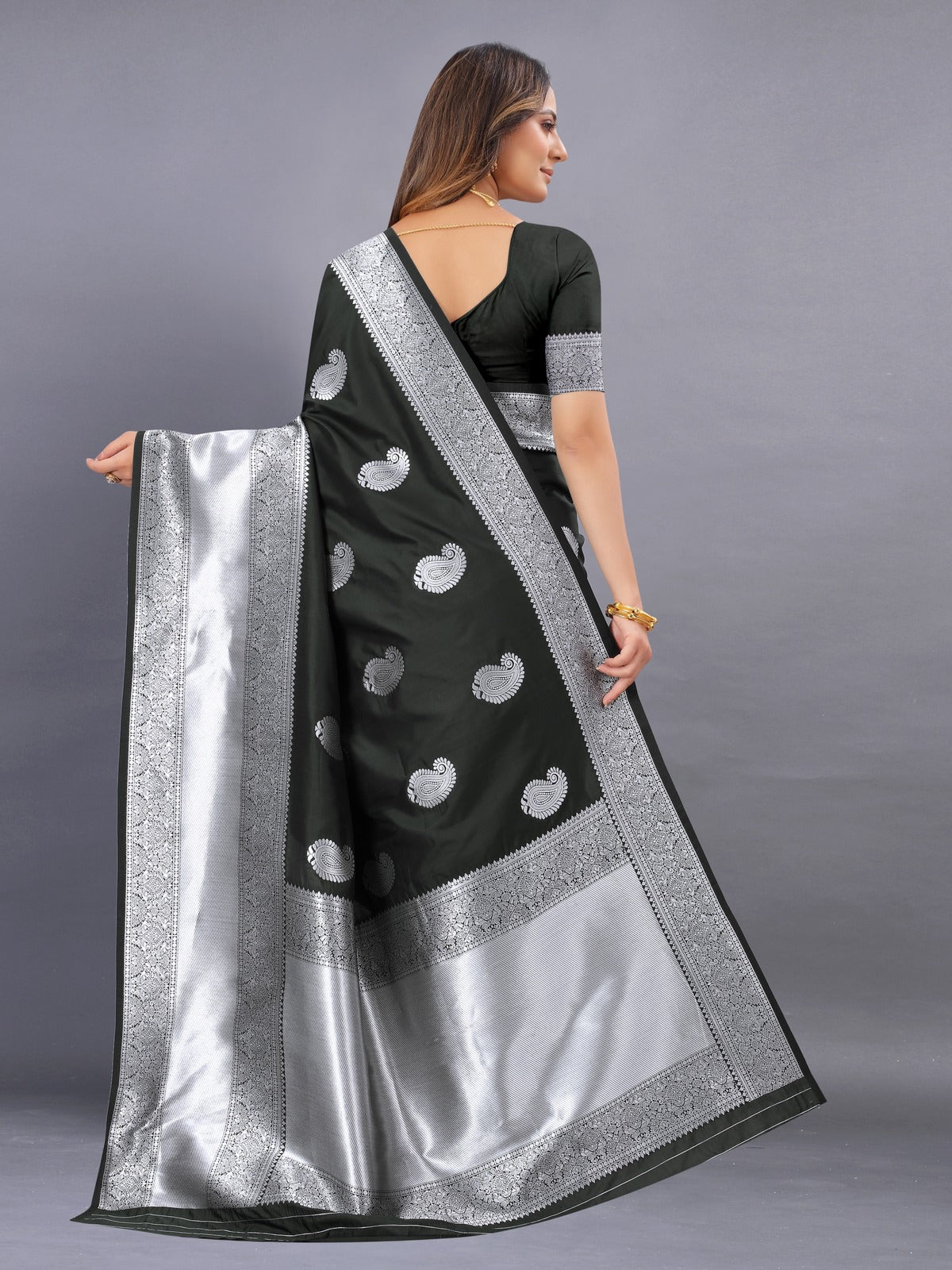 Odette Black Silk Blend Woven Saree with Unstitched Blouse for Women