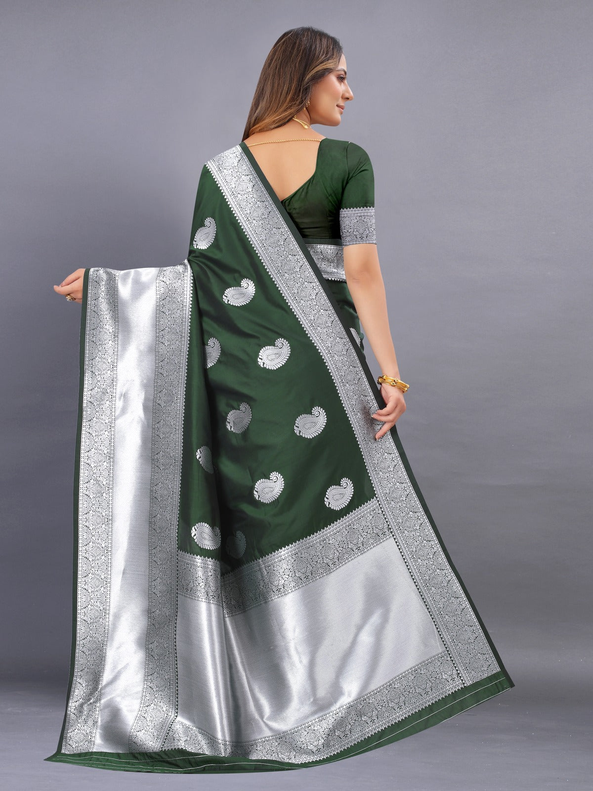 Odette Green Silk Blend Woven Saree with Unstitched Blouse for Women