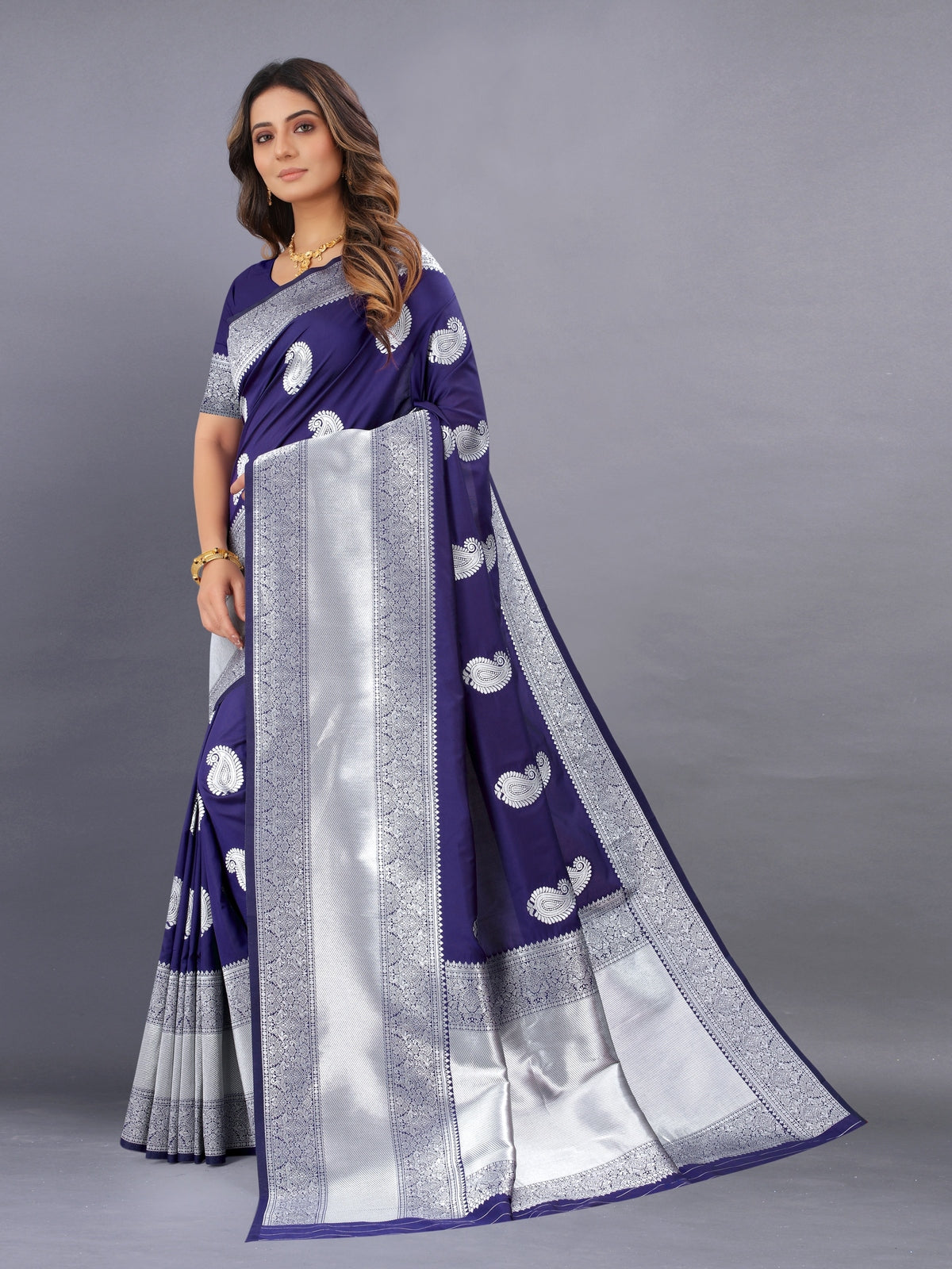 Odette Blue Silk Blend Woven Saree with Unstitched Blouse for Women