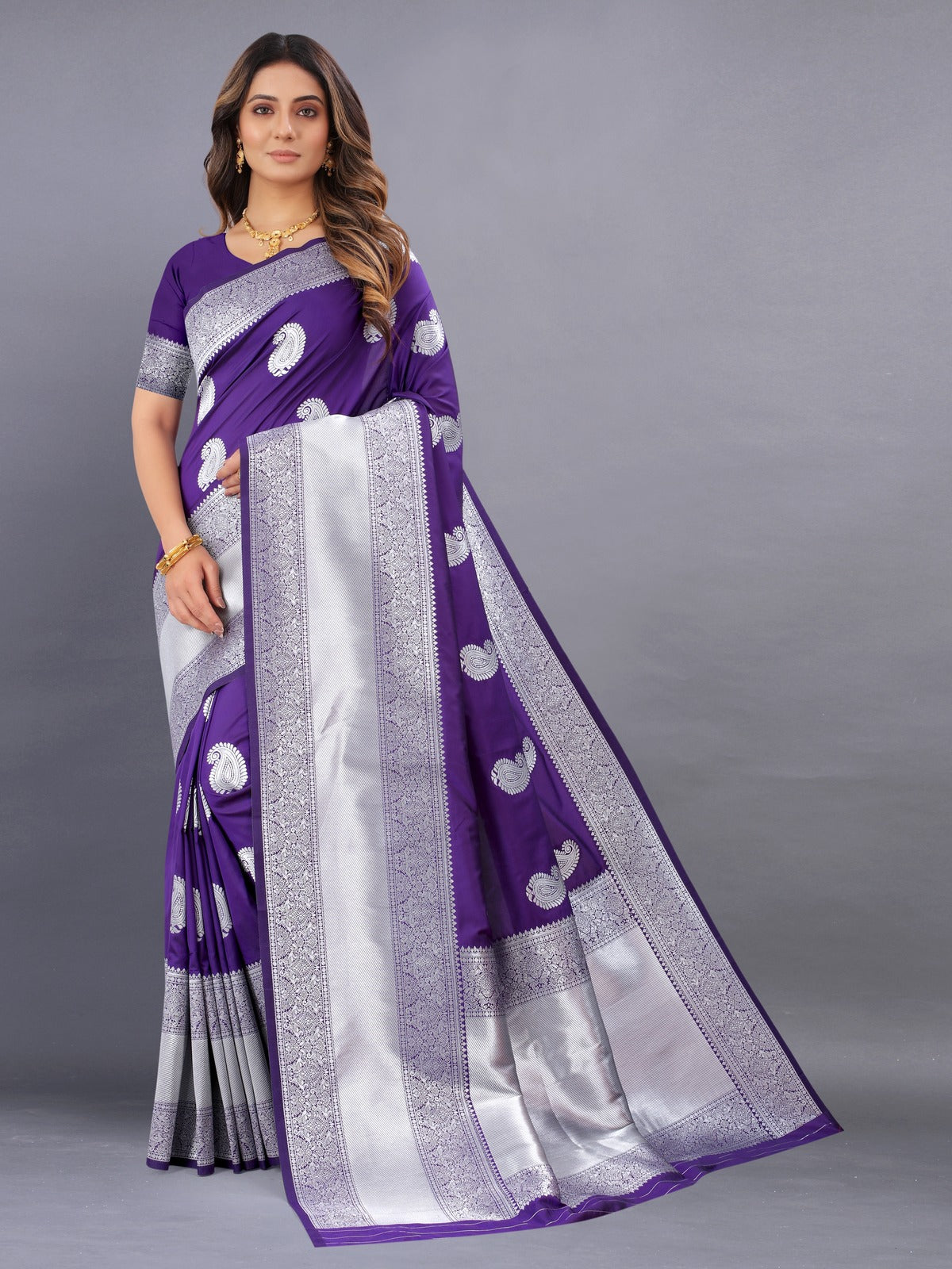 Odette Violet Silk Blend Woven Saree with Unstitched Blouse for Women