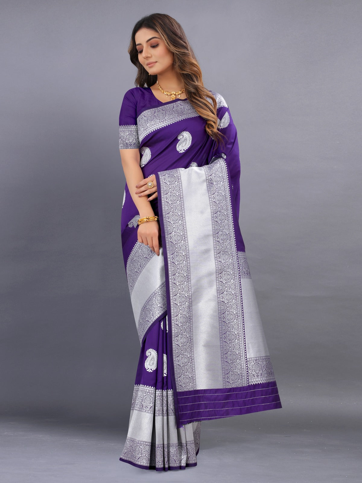 Odette Violet Silk Blend Woven Saree with Unstitched Blouse for Women