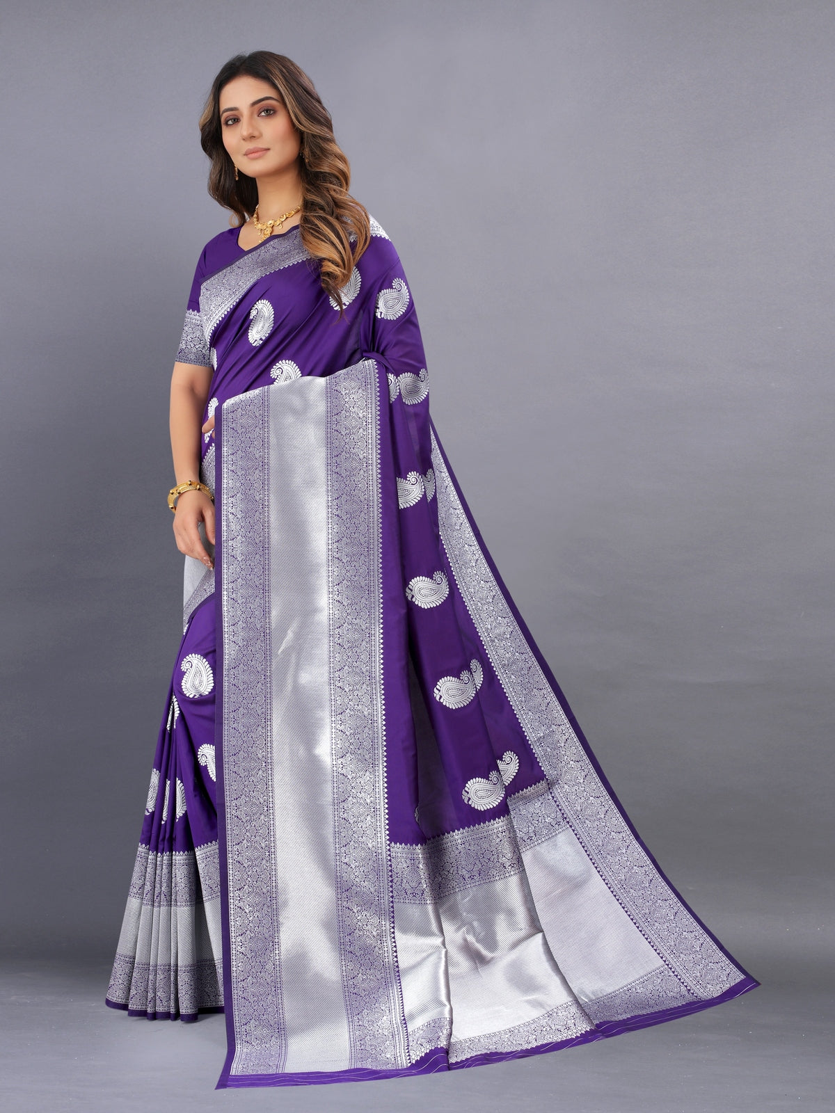 Odette Violet Silk Blend Woven Saree with Unstitched Blouse for Women