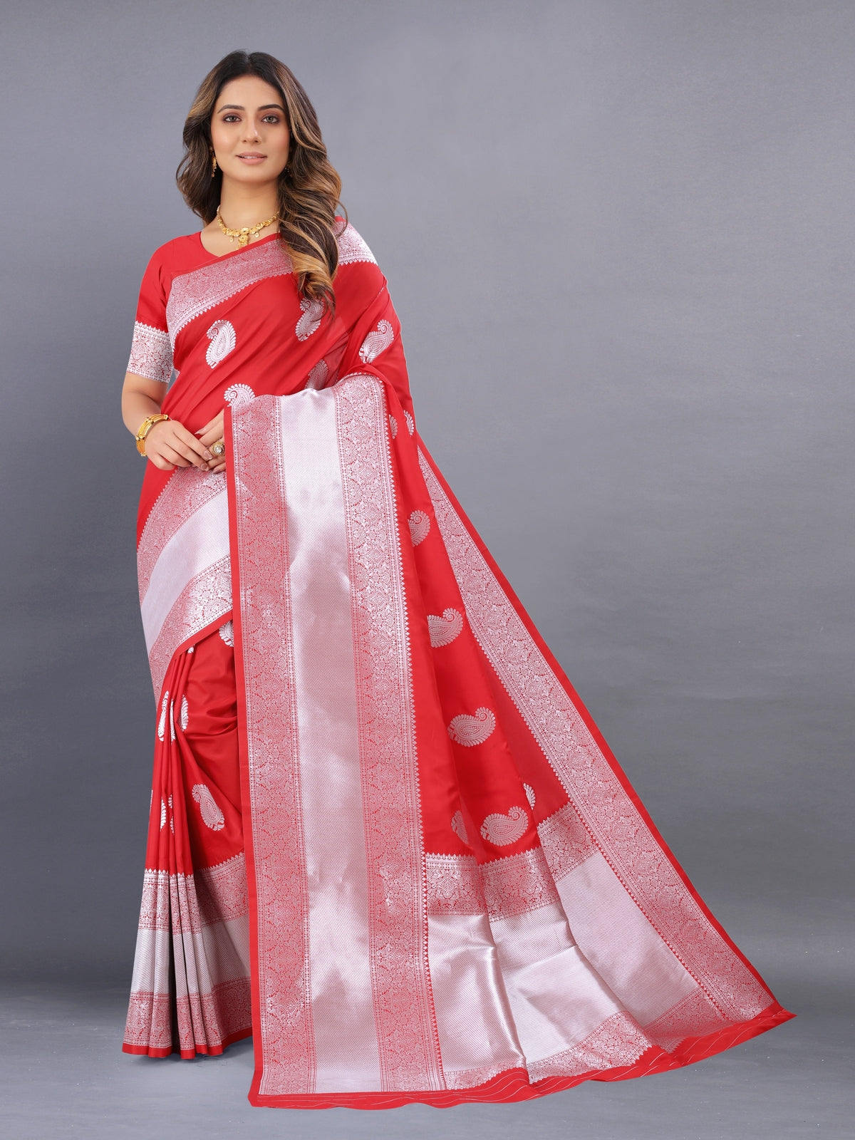 Odette Red Silk Blend Woven Saree with Unstitched Blouse for Women