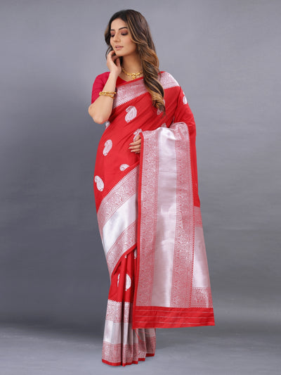 Odette Red Silk Blend Woven Saree with Unstitched Blouse for Women