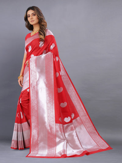 Odette Red Silk Blend Woven Saree with Unstitched Blouse for Women