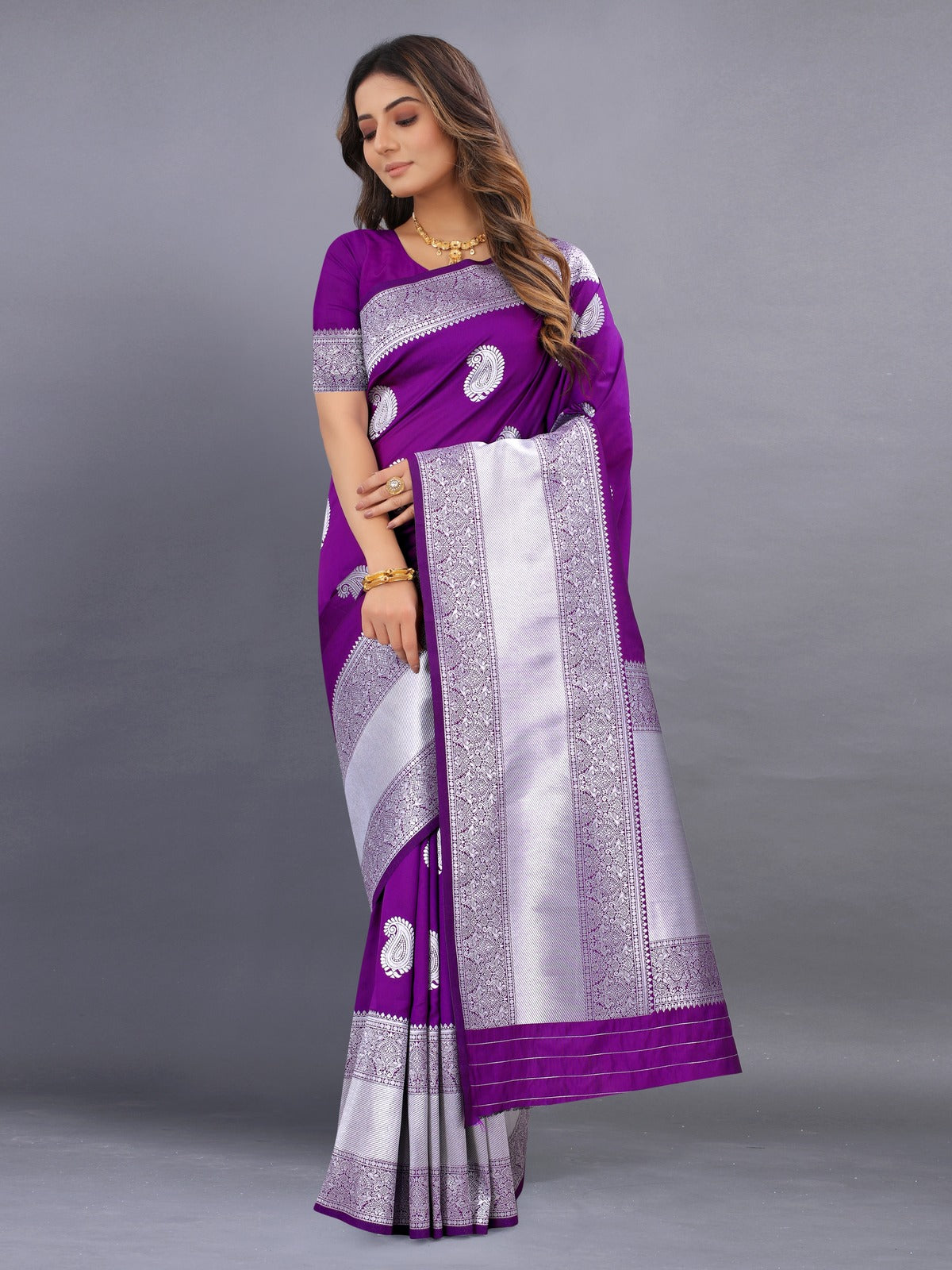 Odette Purple Silk Blend Woven Saree with Unstitched Blouse for Women