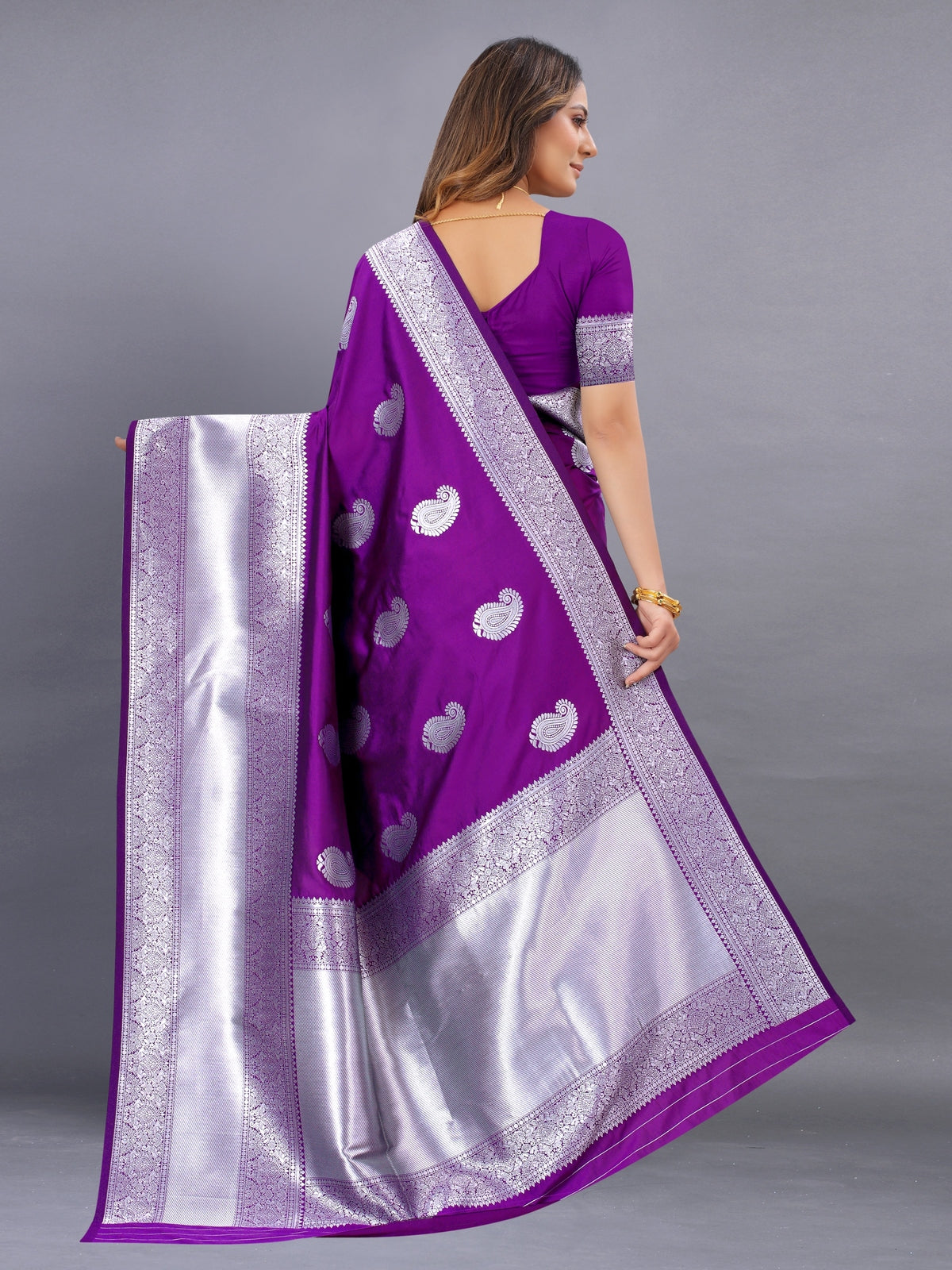 Odette Purple Silk Blend Woven Saree with Unstitched Blouse for Women